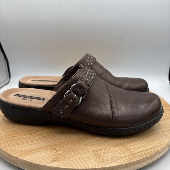 Clarks Collection Brown Leather Mule Slide Slip On Shoes Womens Size 7.5 M Clog - Picture 1 of 10